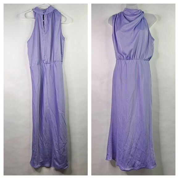 PRETTYGARDEN Purple Satin Asymmetric Mockneck Midi Dress - Picture 10 of 11